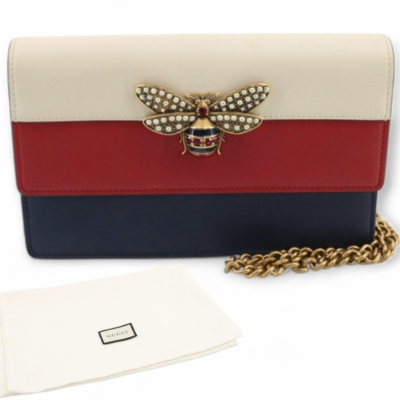 Gucci Bee Crossbody Chain Clutch Bag With Dust Bag Red White Blue Leather - Picture 3 of 9
